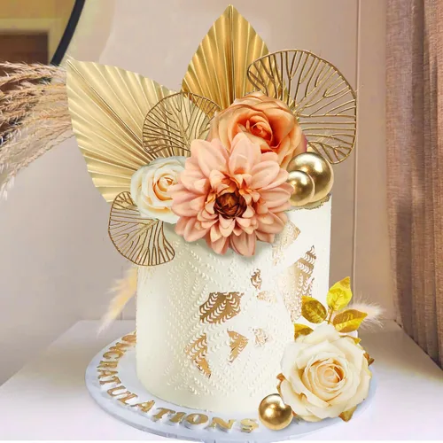 DRWATE Topper para Tartas, 11 Piezas de Flores Bohemias con Hojas Doradas, Decoraciones para Tartas para Bodas, Baby Shower, Suministros para