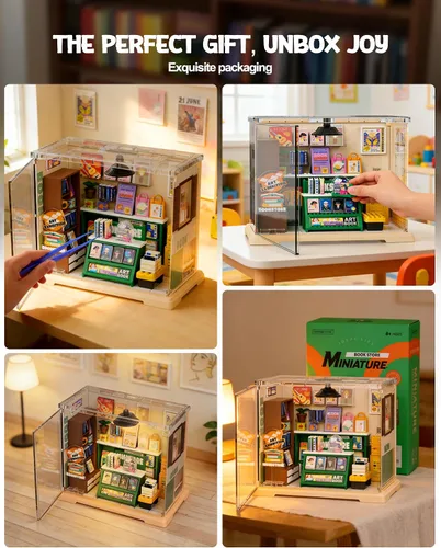 Miniatura 4 de Vodolo Kit de casa en miniatura con LED, kits de rincón de libros para adultos principiantes, decoración de estante de libros, rompecabezas 3D, kits