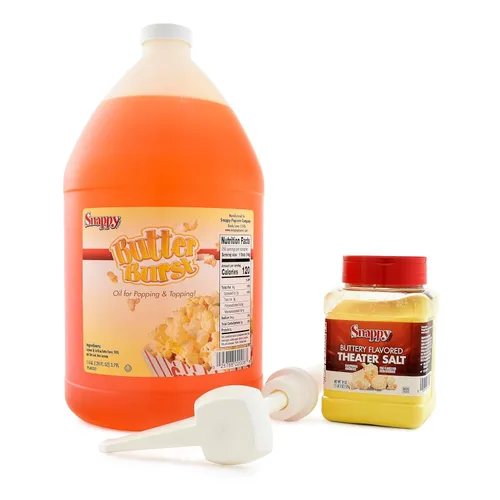 Snappy Butter Burst - Aceite de palomitas de maíz para palomitas de maíz con sabor a mantequilla, dispensador de sal y aceite para jarra de 1 galón,