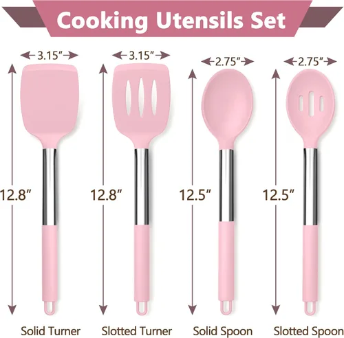 Miniatura 2 de P&P CHEF Juego de 4 utensilios de cocina rosados, espátulas sólidas de silicona, cucharas ranuradas para utensilios de cocina antiadherentes