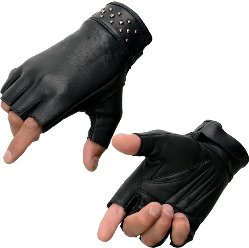 Milwaukee Leather MG7761 - Guantes sin dedos de cuero negro con palma de gel para mujer, con elegantes «detalles en la muñeca» para motocicleta