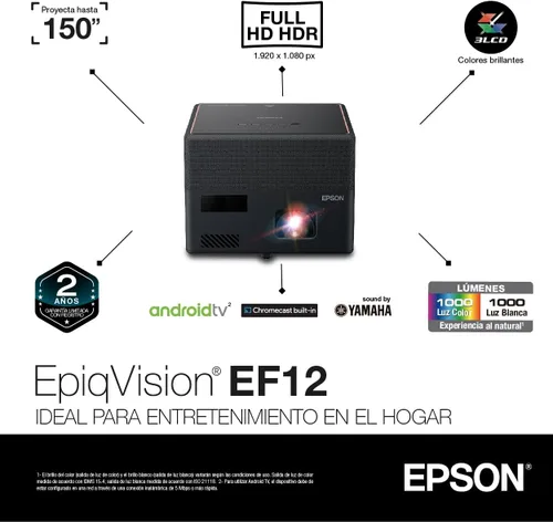 Miniatura 2 de Epson EpiqVision Mini EF12 Proyector láser inteligente de transmisión, HDR, Android TV, películas, juegos familiares, portátil, sonido de Yamaha