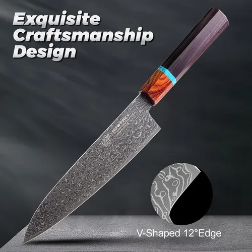 Miniatura 6 de Cuchillo de chef de Damasco, cuchillos de cocina japoneses de 8 pulgadas con 67 capas, acero inoxidable de alto carbono afilado con mangos Negro