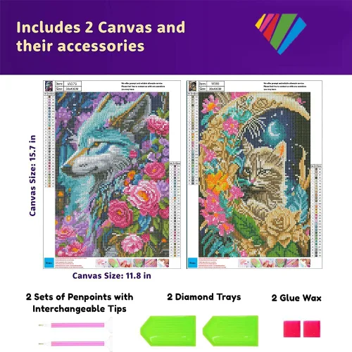 Miniatura 3 de OFRKE Kits de Pintura de Diamantes de Gato y Lobo de 2 Piezas para Adultos, Kits de Arte de Diamantes 5D DIY de Taladro Completo Redondo