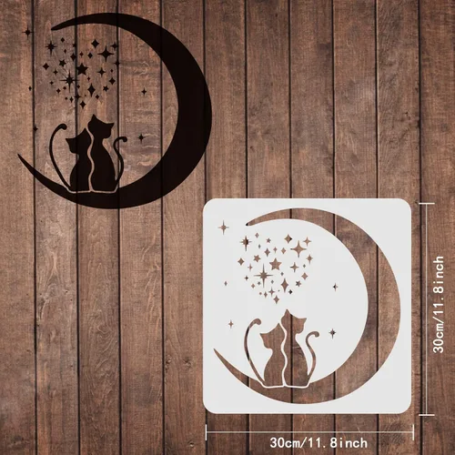 Miniatura 2 de FINGERINSPIRE Plantillas Moon Cat – Plantillas de plástico de estrella lunar de 11.8 x 11.8 pulgadas para dibujar, pintar en madera, piso, pared