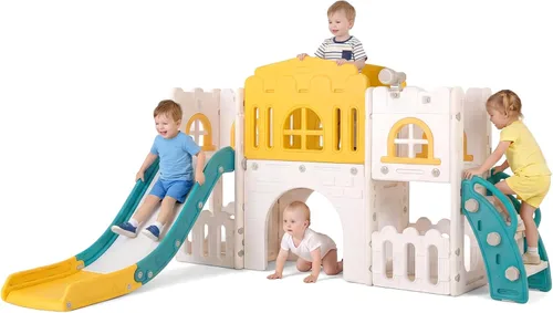 Miniatura 14 de OLAKIDS Tobogán para niños pequeños, 6 en 1 para interiores y exteriores, con aro de baloncesto, telescopio, almacenamiento de juguetes para niños