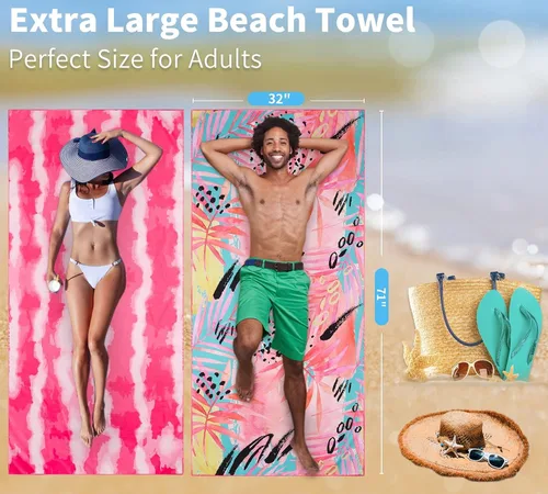 Miniatura 70 de Paquete de 2 toallas de playa ligeras y delgadas de gran tamaño de 71 x 32 pulgadas, toallas grandes de microfibra extra grandes sin arena