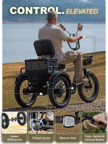 Miniatura 3 de Full Suspension Folding Electric Tricycle for Adults, Aluminum Alloy, Torque Sensor, 20MPH 100Miles 20×3 inch Fat Tire Electric Trike, 1200W 48V