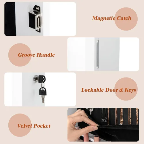 Miniatura 17 de Giantex Armario de joyería para puerta de pared con espejo de longitud completa, 2 LED con cerradura grande organizador de joyas con espejo ancho