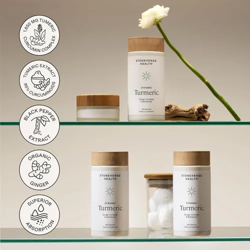 Miniatura 6 de Stonehenge Health Cúrcuma Dinámica con Curcumina y Jengibre - Alta Potencia - 1,650 mg de Cúrcuma con 95% de Curcuminoides y BioPerine, 90 Cápsulas