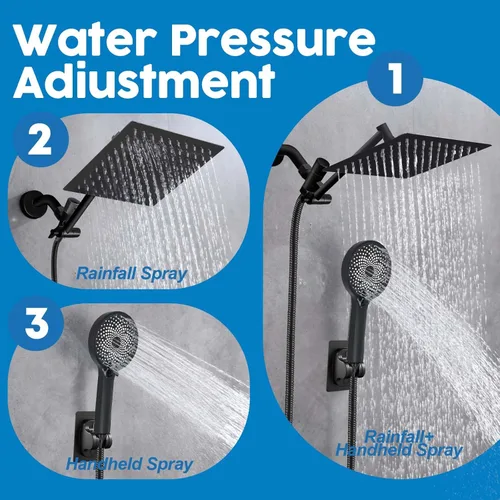 Miniatura 2 de Cabezal de ducha, cabezal de ducha de lluvia de 8" con combo de rociador de mano y brazo de extensión ajustable/regulador de flujo de 3 vías/sistema