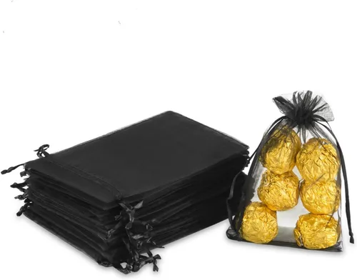 Hopttreely 100 bolsas de regalo con cordón transparente de 4 x 6 pulgadas (3.9 x 5.9 in), bolsas de regalo de organza negra, bolsas de regalo de