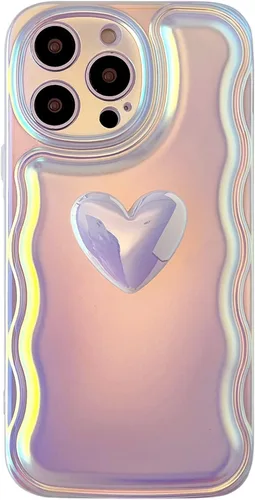 Qokey Funda para iPhone 15 Pro de 6.1 pulgadas, lindo marco de onda de corazón de amor 3D, TPU suave, brillante, láser, colorido, luz brillante,