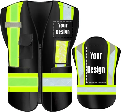 Miniatura 13 de Chaleco de seguridad de alta visibilidad con bolsillos de gran tamaño, personaliza tu logotipo Hi Vis, chaleco de seguridad reflectante Negro