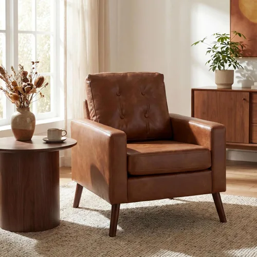 BESTANO Silla decorativa marrón, sofá individual copetudo de piel sintética, silla de club de gran tamaño, sillón moderno de mediados de siglo con