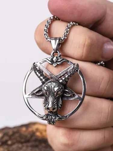 Miniatura 2 de HAQUIL Collar de Baphomet de acero inoxidable colgante de cabra sabbatic invertido cadena de caja