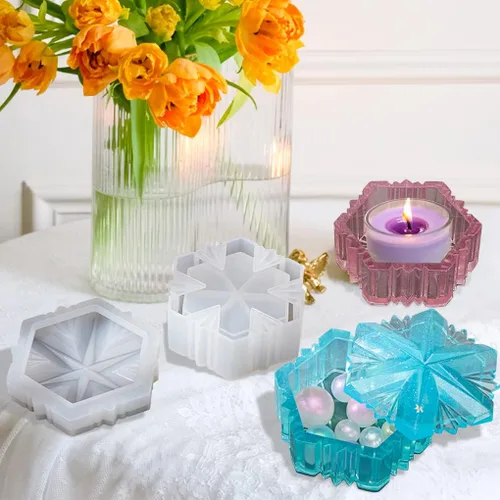 Miniatura 6 de Molde de resina para caja de copo de nieve, molde de silicona para tarro de joyería de Navidad con tapa, molde de fundición epoxi
