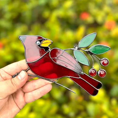 Miniatura 2 de Adornos de pájaros rojos, atrapasoles de vitral, colgante de vitrales cardenales, decoración cardenal para inauguración de la casa, regalos