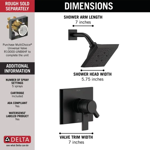 Miniatura 3 de Delta Faucet Pivotal Serie 17 - Grifo de ducha de doble función, kit de molduras de ducha, cabezal de ducha H2Okinetic de 5 pulverizaciones, negro