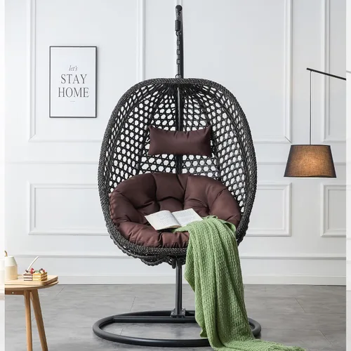 Miniatura 3 de Swining - Silla de huevo con soporte, sillas colgantes de mimbre de ratán para huevos, silla columpio para patio con cojín resistente a los rayos