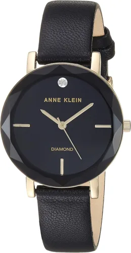 Anne Klein Reloj con correa de cuero negro y esfera de diamante genuino para mujer Color dorado y negro