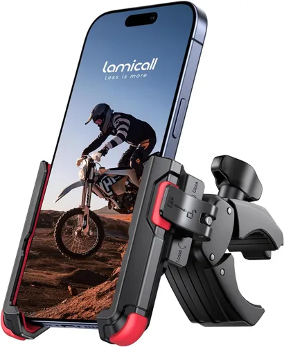 Lamicall Soporte de Teléfono para Motocicleta y Bicicleta - [Liberación Rápida en 1s] Clip de Soporte para Teléfono Celular para Bicicleta, Rojo