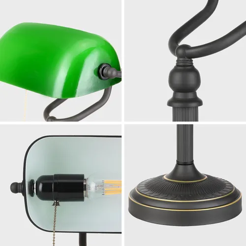 Miniatura 6 de Lámpara de escritorio de banqueros de vidrio verde antiguo con interruptor de cadena de tracción Enchufe en accesorio Interruptor de cadena