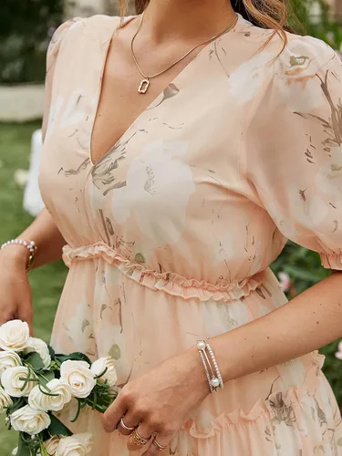 Miniatura 4 de Amegoya Vestido largo casual de manga corta con cuello en V para mujer, diseño floral, estilo bohemio, para la playa, sesión de fotos, con volantes