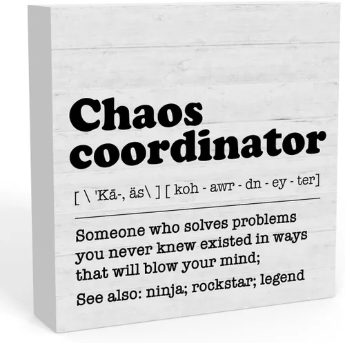 Divertido letrero de definición de coordinador del caos, decoración de escritorio de oficina en casa para hombres y mujeres, decoración de mesa de