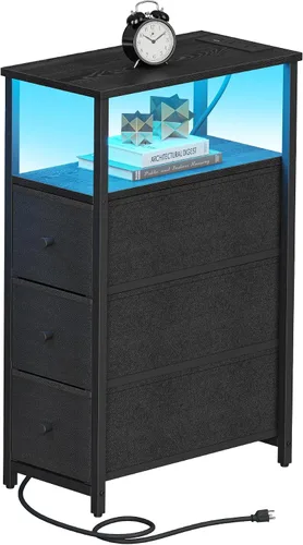 Miniatura 11 de TUTOTAK - Mesa auxiliar pequeña y estrecha con estación de carga; mesa de lado con tomas de corriente; mesita de noche con 2 cajones de tela; mesa