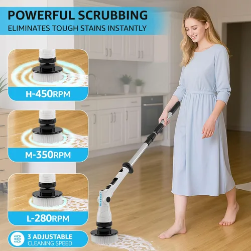 Miniatura 2 de Depurador eléctrico giratorio, limpiador eléctrico de 3 velocidades para limpiar el baño, cabezal ajustable de 6 ángulos con 8 cabezales de cepillo