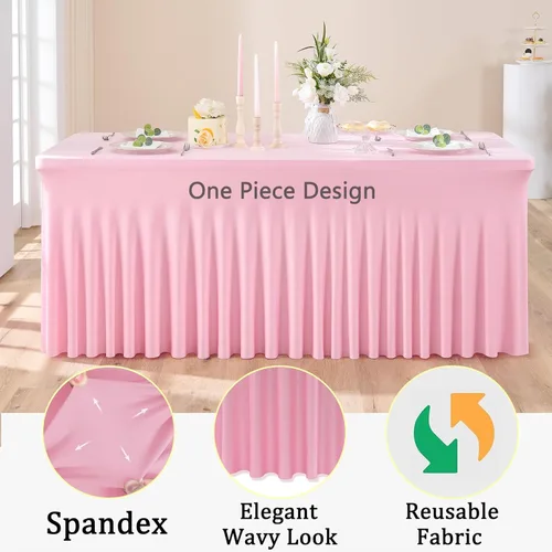 Miniatura 4 de Paquete de 2 manteles de spandex para mesas rectangulares de 8 pies, mantel elástico rosa de 8 pies, manteles ajustados, falda de mesa para fiestas
