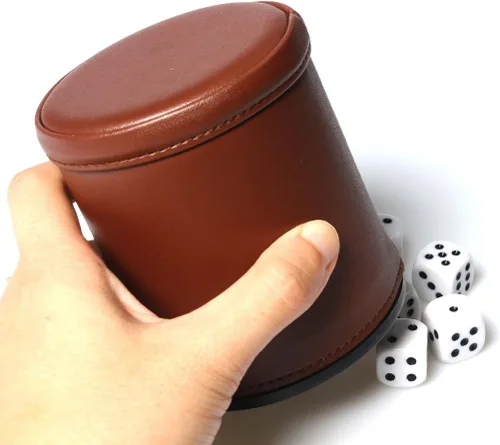 Miniatura 5 de Juego de copa de dados de cuero con forro de fieltro, agitador silencioso con 5 dados de puntos para juegos Farkle Yahtzee, marrón
