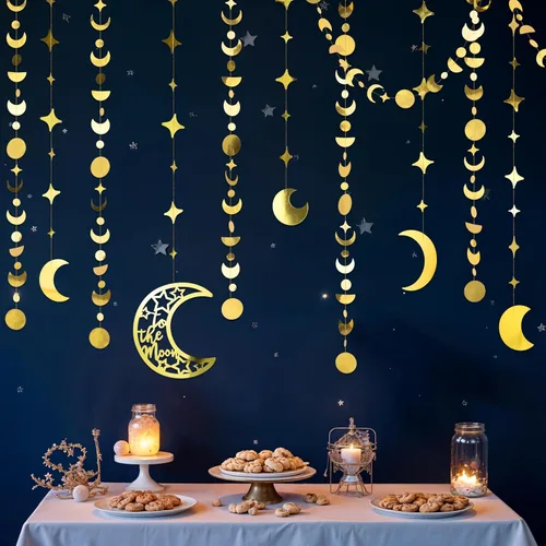 Cheerland Guirnaldas de Estrella y Luna de Oro para Decoración de Fiesta en la Luna Decoraciones de Cumpleaños Celestiales Guirnalda Colgante de
