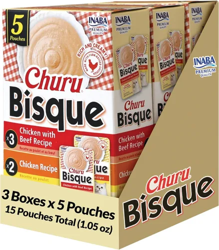 Miniatura 17 de INABA Churu Bisque para gatos, plato de puré cremoso para lamer con vitamina E, 1.4 onzas por bolsa, 12 bolsas, receta de pollo
