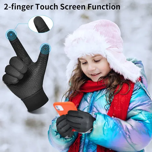 Miniatura 2 de OOPOR Winter Warm Cycling Kids Gloves - Cold Weather Thermal Running Ski Bike Black Mittens Aged 4-12 Boys Girls