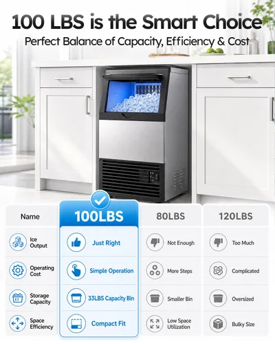 Miniatura 3 de Mojgar Máquina comercial para hacer hielo, 100 libras/24 horas con almacenamiento de hielo de 33 libras, máquina de hielo debajo de la encimera