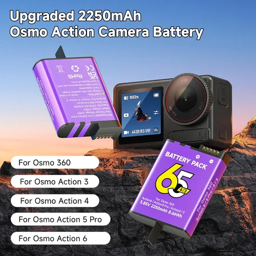 Miniatura 2 de Batería de 2250 mAh para Osmo Action 6, 2 baterías de repuesto, compatible con Osmo 360, Osmo Action 6, Osmo Action 5 Pro, Osmo Action 4, Osmo