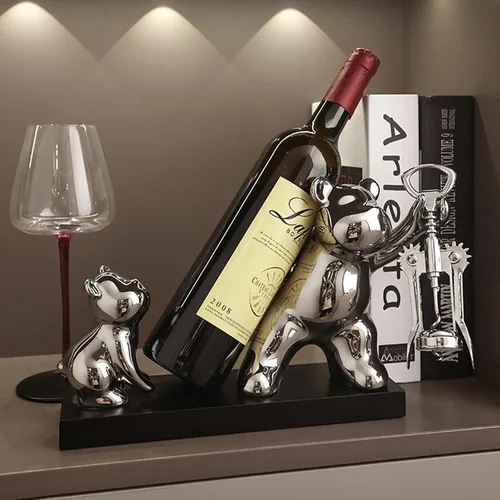 Miniatura 3 de Linxia Estante de vino de mesa, soporte para botellas de vino de doble oso con sacacorchos, soporte de cerámica plateado independiente para botella