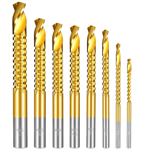Paquete de 8 brocas helicoidales HSS con revestimiento de titanio, vástago hexagonal de 0.118-0.394 in, broca de corte lateral dentada para
