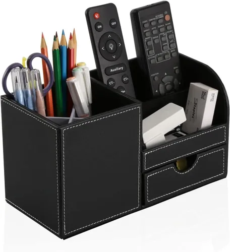 Miniatura 4 de KINGFOM Organizador de escritorio caddy de suministros de oficina de cuero PU, caja de almacenamiento multifunción para bolígrafo/lápiz, teléfono