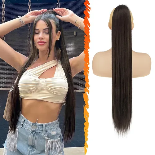 Miniatura 22 de BARSDAR Extensión de cola de caballo corta y recta - Extensiones de pelo con cordón de 16 pulgadas, rubio para mujeres - Extensiones de pelo Rubio