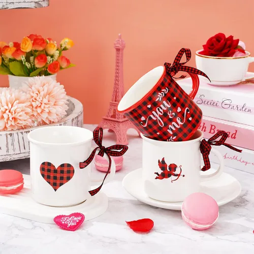 Miniatura 6 de Whaline 6 tazas de café de Navidad con cinta, color rojo y negro, a cuadros, camión, reno, árbol de Navidad, bandeja escalonada, decoración