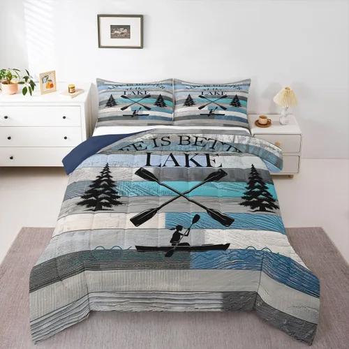 Miniatura 40 de Erosebridal Juego de edredón de reglas del lago, juego de ropa de cama tamaño matrimonial, edredón rústico para niños y niños, decoración de cabaña