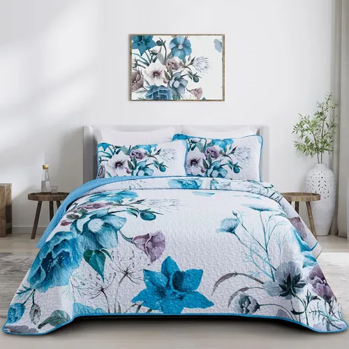 Miniatura 14 de Juego de colcha floral tamaño Queen de 3 piezas, juego de colcha con estampado floral rojo suave de microfibra ligera, cubrecama acolchado negro