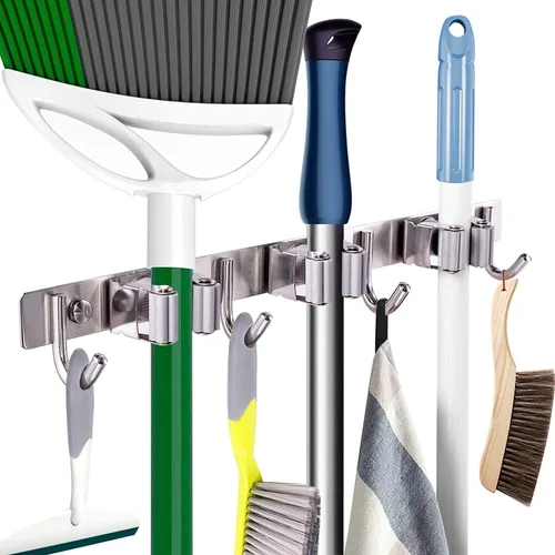 Soporte para trapeador de escoba de montaje en pared, organizador de metal para almacenamiento de garaje, jardín, cocina, herramientas con 4 Plata