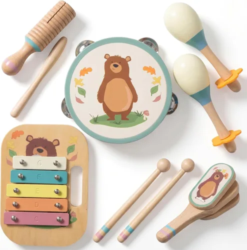 Juego de instrumentos musicales de madera para niños pequeños, instrumentos de percusión de madera natural, juego de regalo de xilófono para niñas y