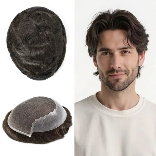 Miniatura 20 de Toupee - Sistemas de reemplazo de cabello para hombre, encaje frontal suizo, nudo blanqueado, pieza de cabello humano natural 1# negro azabache, 8 x