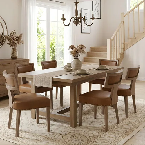 Miniatura 63 de HNY Juego de 6 sillas de comedor de ratán de estilo de mediados de siglo, silla de acento tapizada en lino de estilo granja con respaldo curvo
