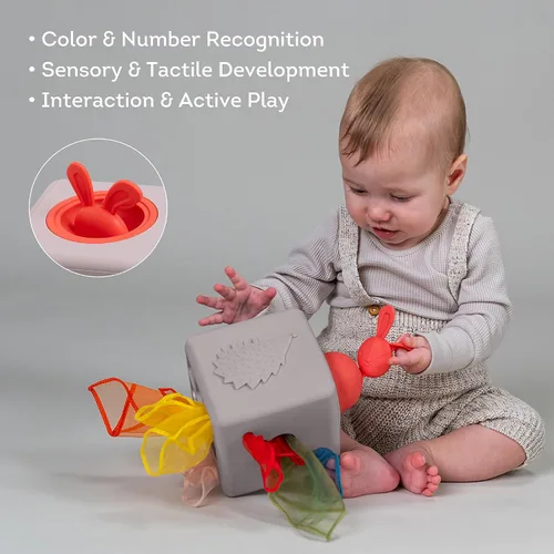 Miniatura 7 de Taf Toys Caja de pañuelos para bebé con conejito emergente - Actividad sensorial Montessori con 10 pañuelos de tela para el desarrollo motor fino